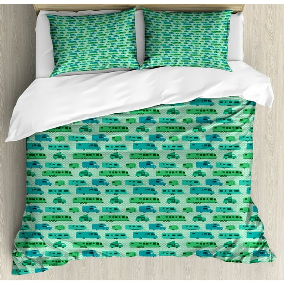 Camper Queen Size Duvet Cover Set, Grid Style Squares Background with Various Caravan Models Travel, Decorative 3 Piece Bedding Set with 2 Pillow Shams, Green Mint Green and Blue, by Ambesonne