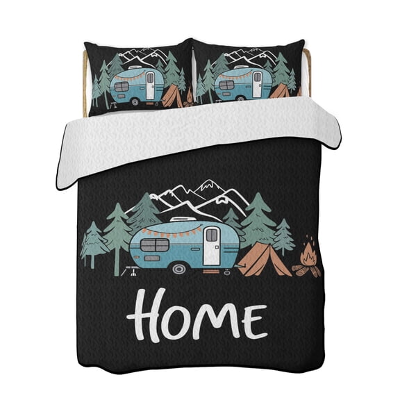 Camper Quilts Bedding Set King Size Home Mountain Pine Trees Tent Forest Rustic Nature Lightweight Quilted Bedspread 3 Piece Bed Quilt with 2 Pillow Shams All Season for Bedroom 90" x 96"