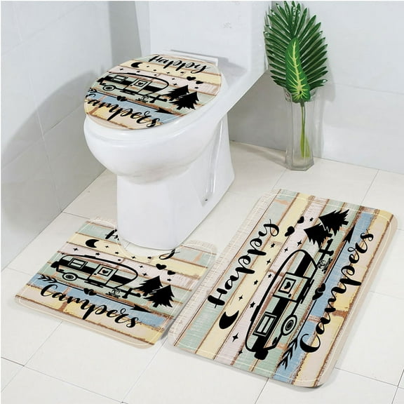 Camper RV Bath Mat Set, Happy Camper Bathroom Accessories for Travel Trailers, Farmhouse Camping Bathroom Mat Set with Bath Rug Mat, Bathroom Rug and Toilet Lid Cover