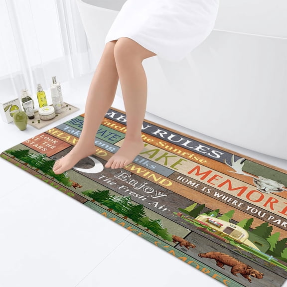 Camper RV Bathroom Rugs for Travel Trailer Bathroom, Farmhouse Camping Rules Quote Small Narrow Shorter Bathroom Rugs Set, Happy Camp Outdoor Bathroom Rug Mat 17X48inch, Soft and Absorbent Bath Rugs