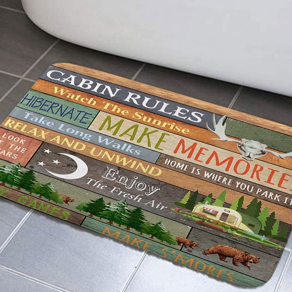Camper RV Bathroom Rugs for Travel Trailer Bathroom, Farmhouse Camping Rules Quote Small Narrow Shorter Bathroom Rugs Set, Happy Camp Outdoor Bathroom Rug Mat 17x29inch, Soft and Absorbent Bath Rugs