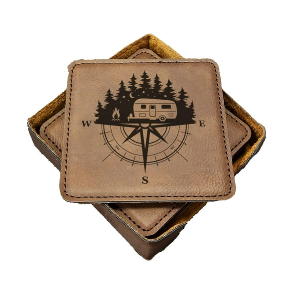 Camper RV Forest Compass Traveling - Handmade Coasters Set of 6 - Engraved Barware Decorations - Leather Bar Decor - Man Cave Father's Day Present