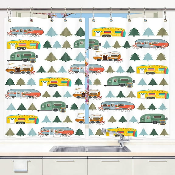Camper RV Kitchen Curtains, Farmhouse Camping Rules Kitchen Curtainss Set, Happy Camp Window Treatment Valances for Bedroom Bathroom Laundry Room Fabric 2 Panels 21 x 45 Inch