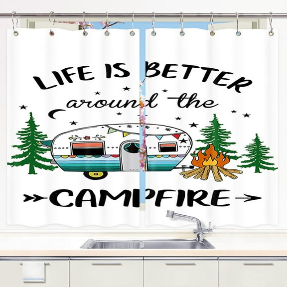 Camper RV Kitchen Curtains, Farmhouse Camping Rules Quote Window Valances Curtain Kitchen Curtains, Happy Camp Kitchen Curtains for Living Room Bedroom Window Drape Treatment 2 Panels 27.5 x 39 Inch