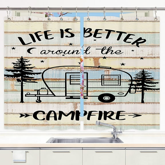 Camper RV Kitchen Curtains, Farmhouse Camping Rules Quote Window Valances Curtain Kitchen Curtains, Happy Camp Kitchen Curtains for Living Room Bedroom Window Drape Treatment 2 Panels 27.5 x 39 Inch