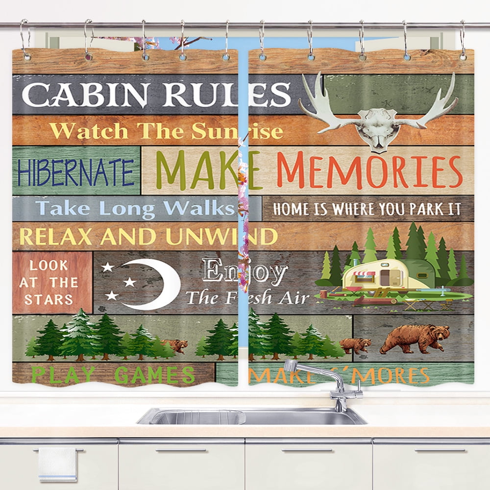 Camper RV Kitchen Curtains for Travel Trailer Bathroom, Farmhouse Camping Rules Kitchen Curtains, Happy Camp Outdoor Kitchen Curtains Window Drape Treatment Fabric 2 Panels 27.5 x 39 Inch