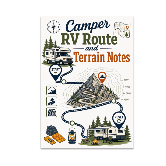 Camper RV Route and Terrain Notes Poster, Camper Enthusiasts, Trip Planners, and Outdoor Decor, 13x19 Glossy Paper
