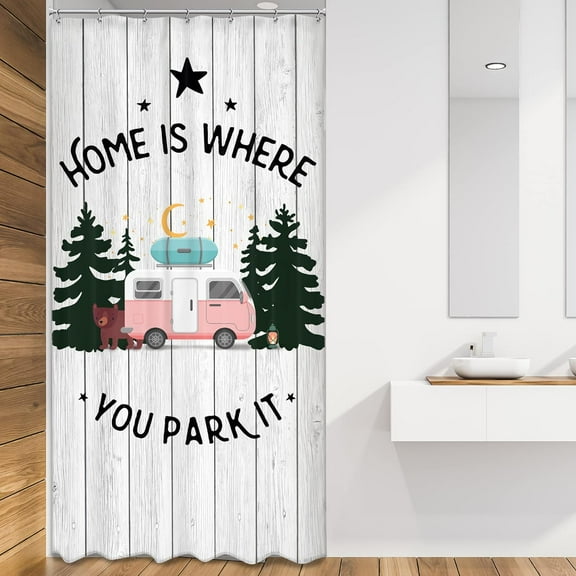 Camper RV Shower Curtain 36x72 Inch Narrow Rustic Farmhouse Camping Travel Trailers Motorhome White Wood Vintage Cute Bear Fabric Waterproof Bathroom Home Decor Set 7 Plastic Hooks
