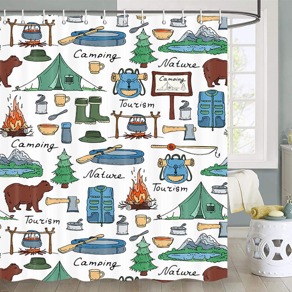 Camper RV Shower Curtain Retro Rustic Wood Neutral Color For Travel
