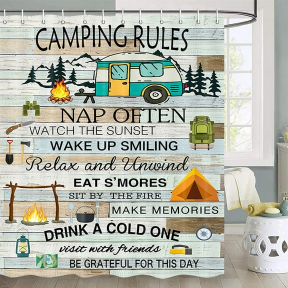 Camper RV Shower Curtain Retro Rustic Wood Neutral Color For Travel Trailer Camping Theme Motor RV Bathroom Stall Shower Curtain Set, Small Size Waterproof Shower Cutain, Hooks Include, 72X72inch