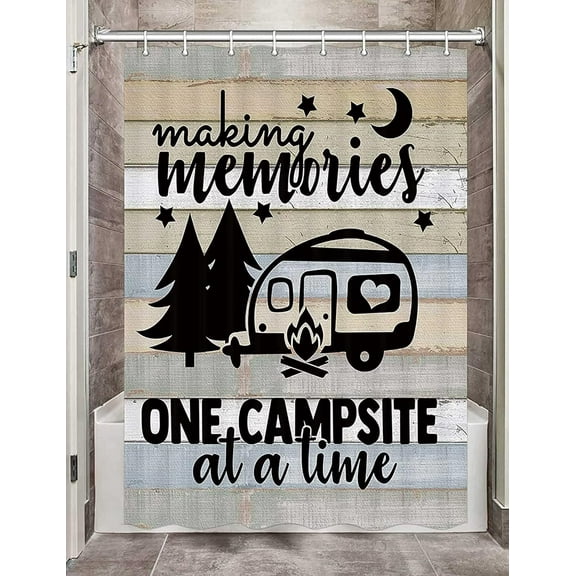 Camper RV Shower Curtains for Bathroom, Farmhouse Camping Fabric Shower Curtain Accessories for Travel Trailers, Happy Camp Decorations Bathroom Set Decor Hooks Included (36" W X 72" H)