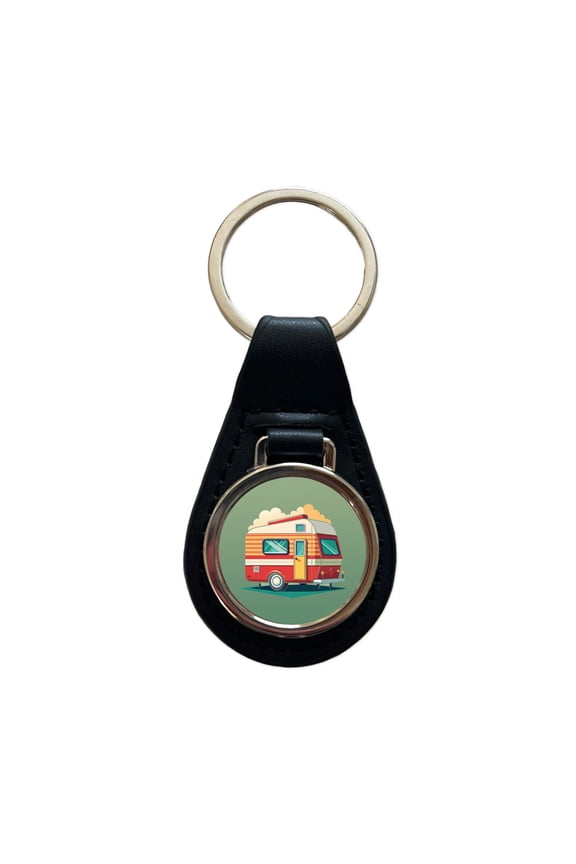 Camper RV Trailer Retro Metal Black Leather Keychain
