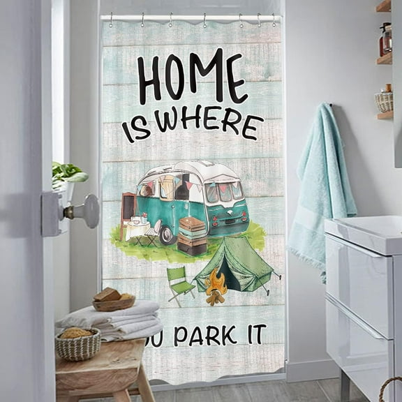 Camper RV Trailer Shower Curtain 36Wx72H Inch Small Stall Rustic Camping Farmhouse Relaxing Fabric Waterproof Bathroom Home Decor Set 7 Plastic Hooks
