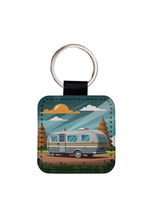 Camper RV Trailer Traveling Road Trip Faux Leather Square Keychain