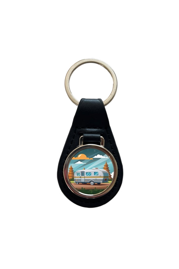 Camper RV Trailer Traveling Road Trip Metal Black Leather Keychain