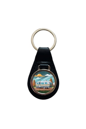 Camper RV Trailer Traveling Road Trip Metal Black Leather Keychain