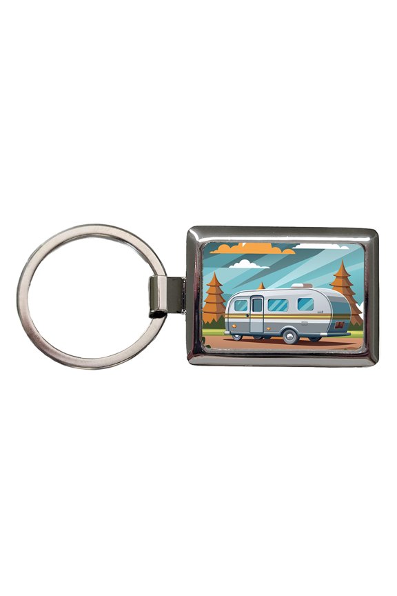 Camper RV Trailer Traveling Road Trip Metal Rectangle Keychain