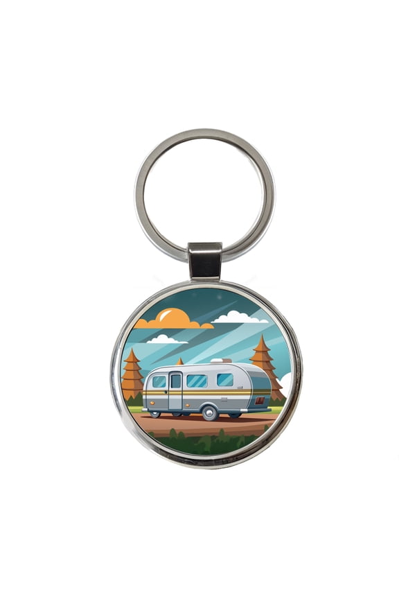 Camper RV Trailer Traveling Road Trip Metal Round Keychain
