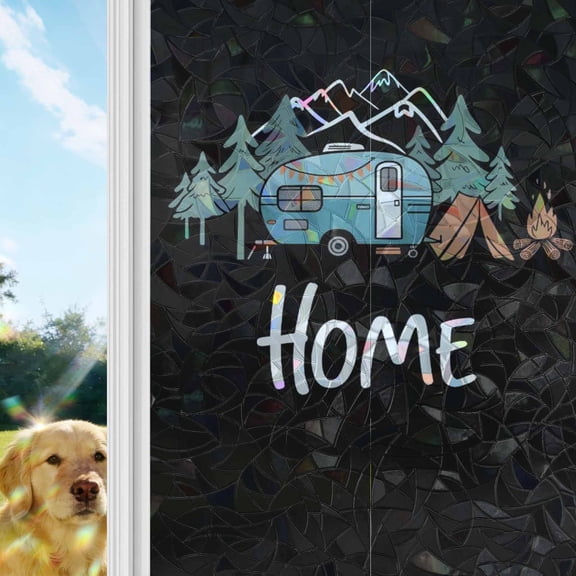Camper Rainbow Window Privacy Film, Home Mountain Pine Trees Tent Forest Rustic Nature Stained Glass Window Film, Sun Blocking Glass Clings Static Cling Non Adhesive Door Stickers 19.6 x 39.3 Inches