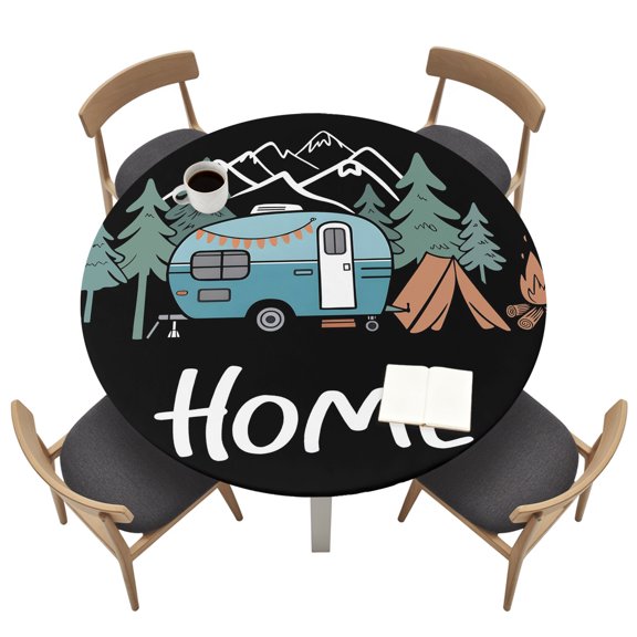 Camper Round Fitted Table Cover Home Mountain Pine Trees Tent Forest Rustic Nature Waterproof Table Cloth with Elastic Edge Wipeable Tablecloth for Picnic Camping Party Fits 36"-44" Tables
