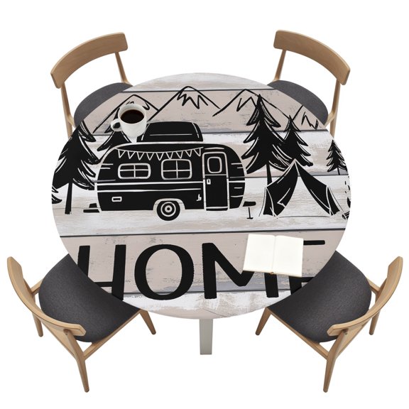 Camper Round Fitted Table Cover Mountain Pine Trees Tent Forest Rustic Nature Waterproof Table Cloth with Elastic Edge Wipeable Tablecloth for Picnic Camping Party Fits 36"-44" Tables
