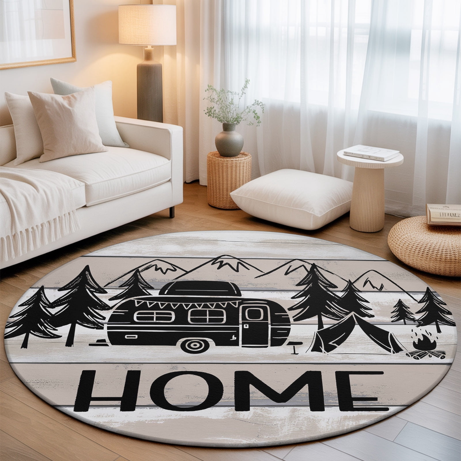Camper Round Living Room Rugs 6 ft, Mountain Pine Trees Tent Forest ...