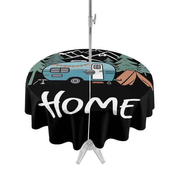 Camper Round Outdoor Tablecloth with Umbrella Hole Home Mountain Pine Trees Tent Forest Rustic Nature 54 Inch Round Waterproof Table Cover Zippered Table Cloth for Garden Patio