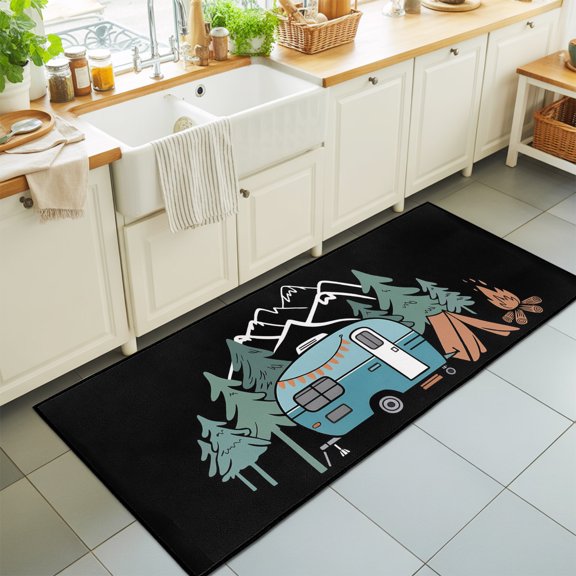 Camper Runner Rug 2'x6' Home Mountain Pine Trees Tent Forest Rustic Nature Hallway Runner Rugs Washable Non-Slip Bedside Floor Mats Carpet for Kitchen Bedroom Laundry Room Bathroom