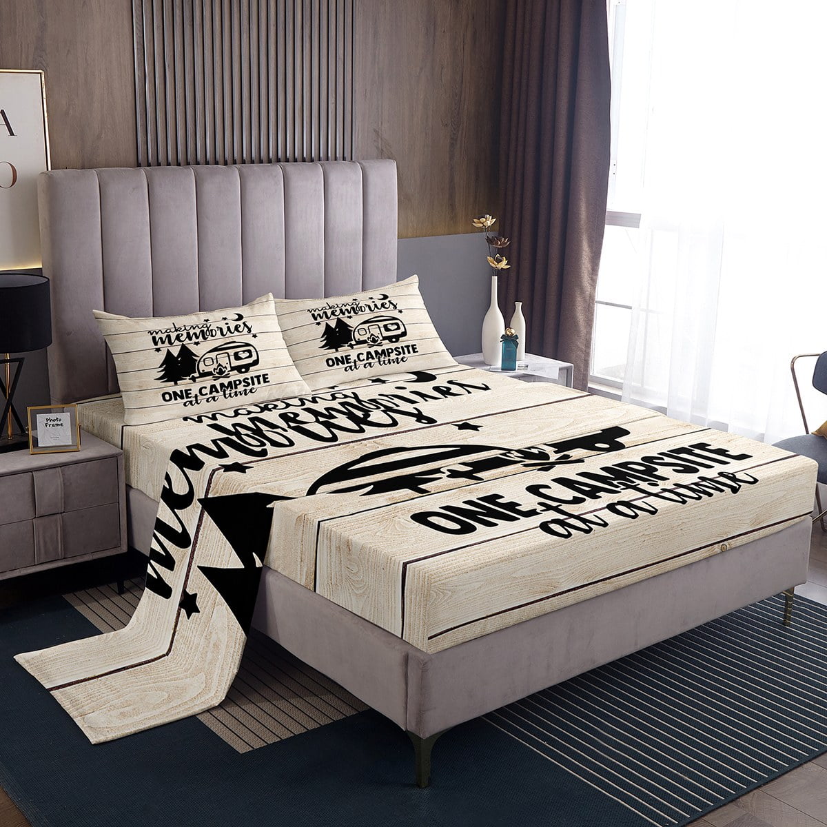 Camper Sheet Set,Camping Themed Bed Sheets,RV Camping Car Fitted Sheet