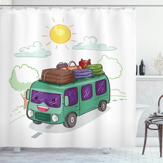 Camper Shower Curtain, Bus Loaded with Luggage Cruising in the Countryside Hippie Van Outdoor Activity, Fabric Bathroom Set with Hooks, 69W X 70L Inches, Multicolor, by Ambesonne