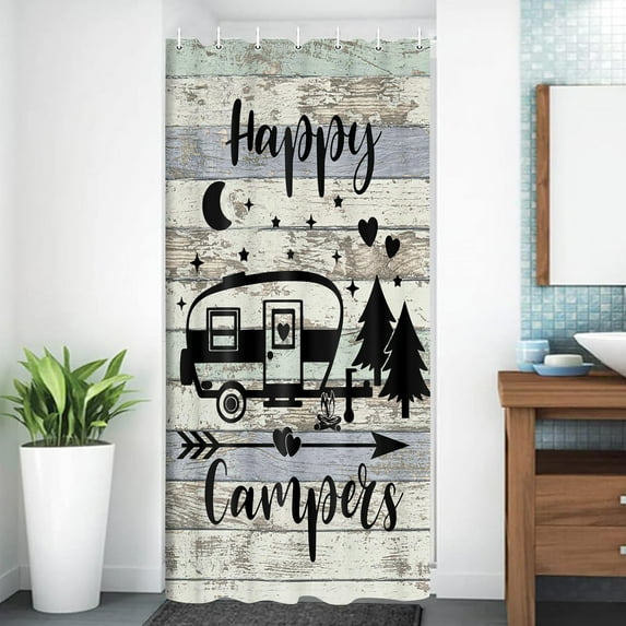 Camper Shower Curtain,Gifts for Camper, Camping Lovers, Small Narrow Shorter Fabric Shower Curtains for Campsite Outdoors RV Travel Hiking,Hooks Include