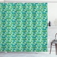 thumbnail image 1 of Camper Shower Curtain, Grid Style Squares Background with Various Caravan Models Travel, Fabric Bathroom Set with Hooks, 69W X 75L Inches Long, Green Mint Green and Blue, by Ambesonne, 1 of 3