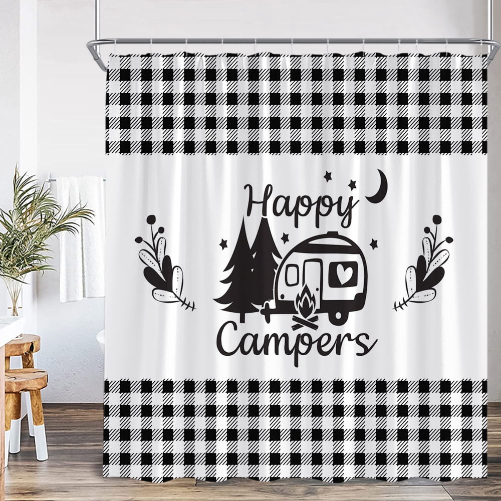 Camper Shower Curtain Happy Camping Adventure Campsite Forest Vintage