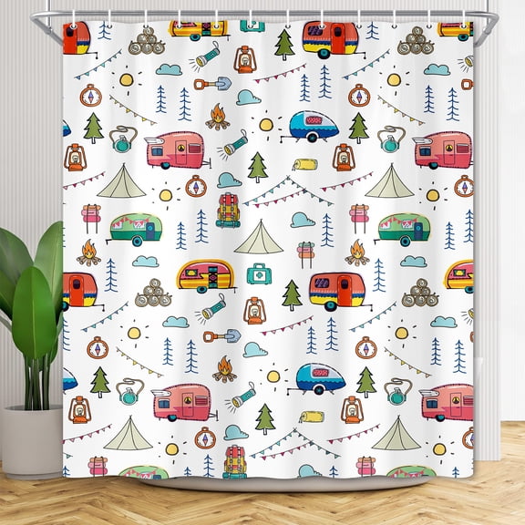 Camper Shower Curtain, Retro RV Fun Camping Shower Curtains for Bathroom Decor, Happy Camper Rustic Style Waterproof Polyester Fabric Bath Curtain Set,36X72 Inch with Hooks