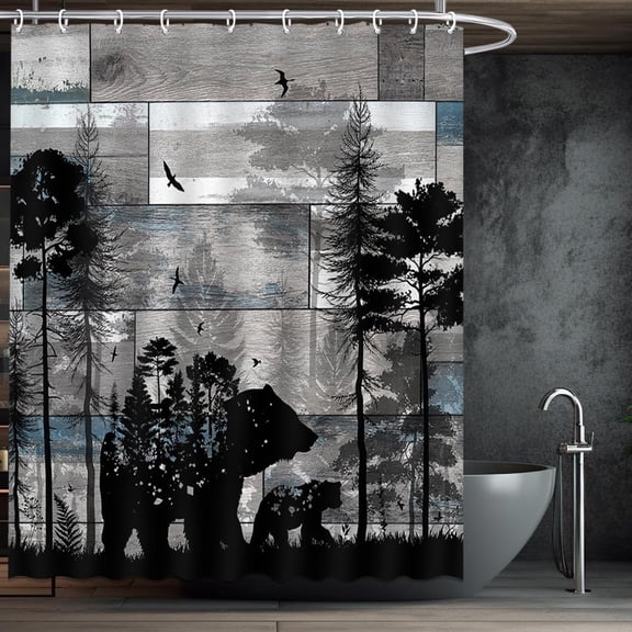 Camper Shower Curtain Set Rustic Bear Shower Curtain for Bathroom Woodland Cabin Black and Grey Fabric Bathroom Cutain with 12 Hooks 72''''x72''''