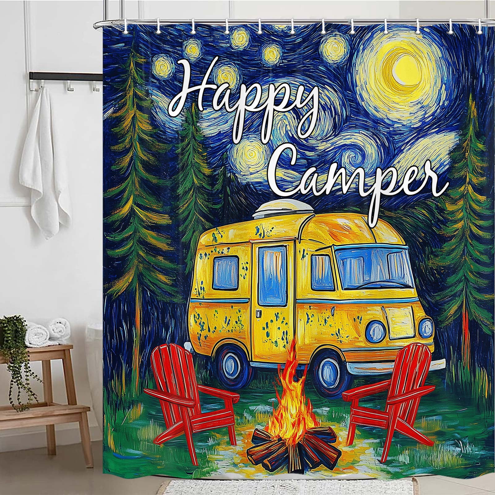 Camper Shower Curtain, Van Gogh Starry Night RV Shower Curtain for Travel Trailer Bathroom, Watercolor Camping Stall Fabric Shower Curtain Set Bathtub Decor Accessories with Hooks, 72X84IN