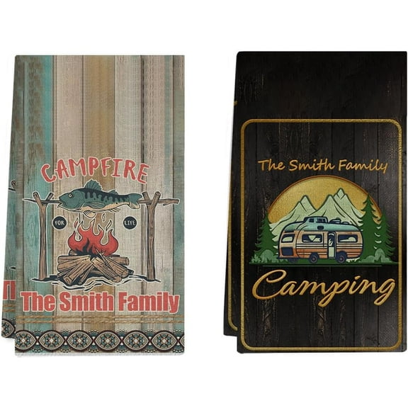 Camper Site Kitchen Towels and Custom Dishcloths Family Name Hand Towel,Campsite Cabin RV Drying Cloth Hand Towels Tea Towels for Bathroom Kitchen, Camping Lovers Adventurers Gifts