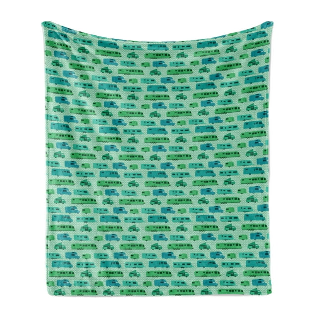 Camper Soft Flannel Fleece Throw Blanket, Grid Style Squares Background with Various Caravan Models Travel, Cozy Plush for Indoor and Outdoor Use, 60" x 80", Mint Green Green, by Ambesonne