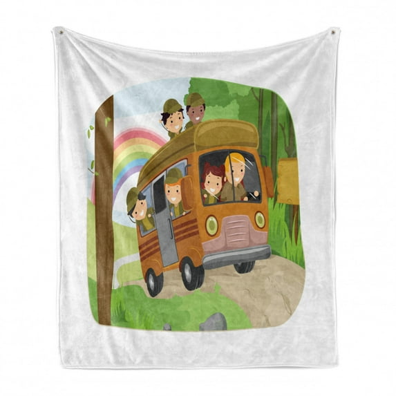 Camper Soft Flannel Fleece Throw Blanket, Scouts Going Camping Children Cartoon Outdoor Adventure Themed Illustration, Cozy Plush for Indoor and Outdoor Use, 50" x 60", Multicolor, by Ambesonne