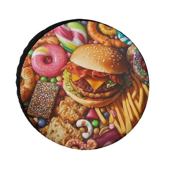 Camper Spare Tire Cover 12inch Delicious Junk Food Weatherproof Wheel Protectors Funny Delicious Fast Food Theme Universal Fit for Trailer SUV Truck Camper Travel Trailers Accessories