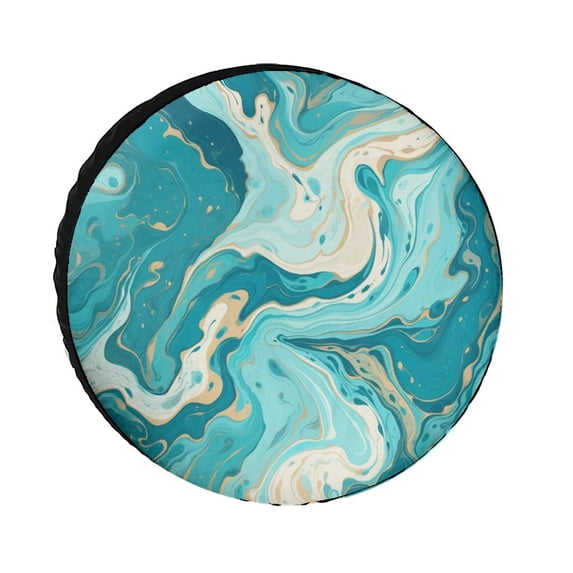 Camper Spare Tire Cover 12inch Paint Blue Green And Gold Liquid Marbling Ink Marble Abstract Waterproof Sun Protection Abstract Modern Universal Fit for Trailer SUV Truck Camper Travel Trailers