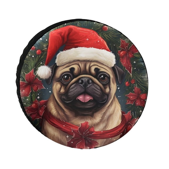 Camper Spare Tire Cover 13inch Pug Dog with Christmas Hat Weatherproof Wheel Protectors Christmas Dog Fit for SUV Truck Travel Trailer