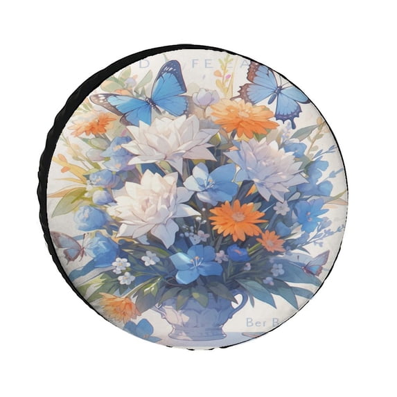 Camper Spare Tire Cover 14inch Butterfly Flowers Protectors Weatherproof Dust-Proof Watercolor Butterfly Flowers Plants for Fit for SUV Truck Travel Trailer Waterproof Wheel Cover
