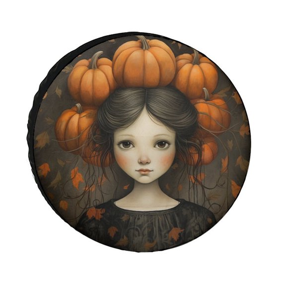 Camper Spare Tire Cover Autumn Pumpkins And Girl Wheel Protectors Weatherproof Halloween Fall Decor Tire Cover Universal Fit for Trailer SUV Truck Camper Travel Trailer 12inch