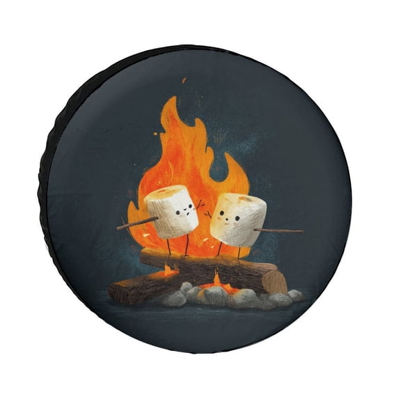 Camper Spare Tire Cover Cartoon White Marshmallows Waterproof Sun Protection Vintage Campfire Tire Cover for Camper Travel Trailer SUV Truck 12inch