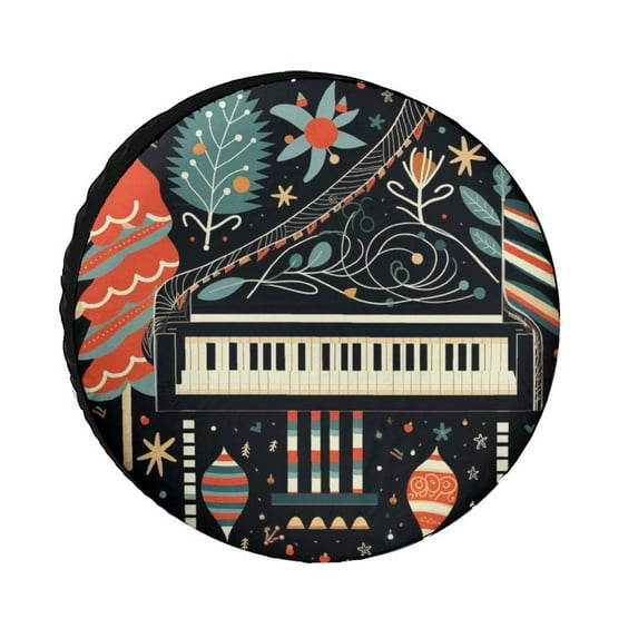 Camper Spare Tire Cover Christmas Piano Polyester Universal Spare Wheel Tire Cover Wheel Covers Christmas Holiday Tire Cover Universal for Trailer SUV Truck Camper Travel 14inch