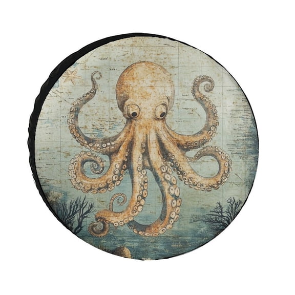 Camper Spare Tire Cover Coastal Octopus Modern Nautical Painting Waterproof Sun Protection Coastal Nautical Tire Cover Universal Fit for Trailers SUV Truck Camper Travel 12inch