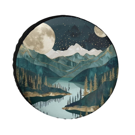 Camper Spare Tire Cover Illustration of Mountains, Trees And Lake in The Moonlight Wheel Tire Cover Waterproof Sun Protection Mountain Landscape Boho Colorful Abstract Tire Cover for Camper 15 Inch