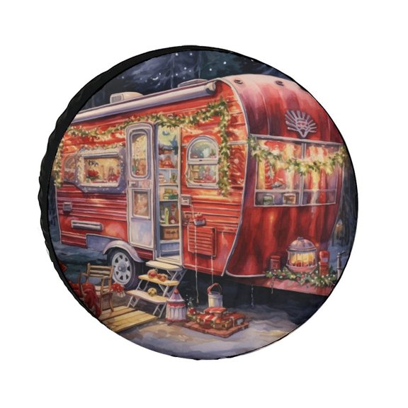 Camper Spare Tire Cover Red Trailer With Christmas Lights And Presents Wheel Tire Cover Waterproof Sun Protection Retro Xmas Truck Tire Cover for Fit for SUV Truck Travel Trailer Accessories 12inch