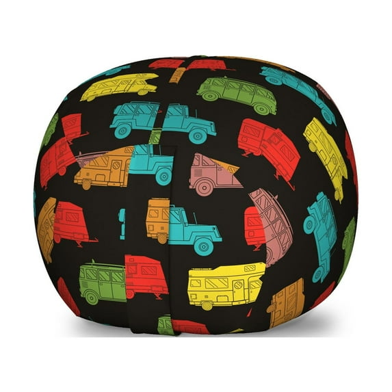 Camper Storage Toy Bag Chair, Colorful Van and Trailer on Dark Toned Background Traveling Theme Summer Vacation, Stuffed Animal Organizer Washable Bag, Large Size, Multicolor, by Ambesonne